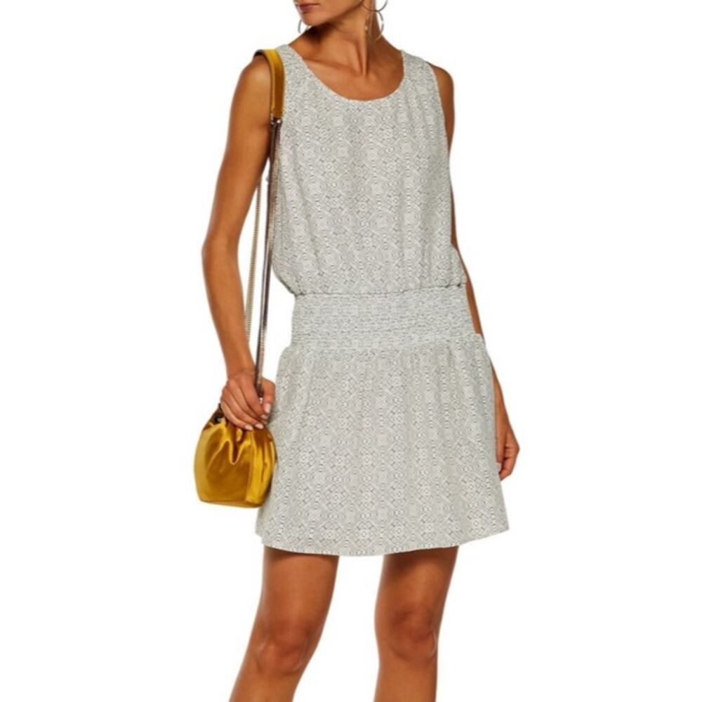 JOIE "LAWSKA" 100% SILK SHIRRED GEO-PRINTED MINI SLEEVELESS DRESS